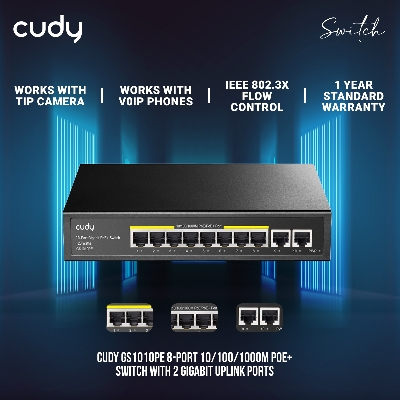 Picture of Cudy GS1010PE 8-Port 10/100/1000M PoE+ Switch with 2 Gigabit Uplink Ports
