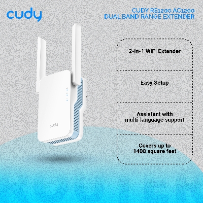 Picture of Cudy RE1200 AC1200 Dual Band Range Extender - 300Mbps at 2.4GHz & 867Mbps at 5GHz - Boost Wi-Fi coverage up to 1400 sq. ft - MU-MIMO - White