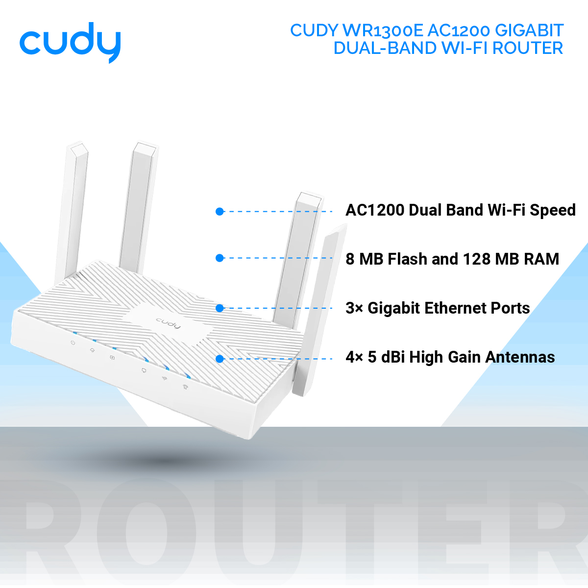 Picture of Cudy WR1300E AC1200 Gigabit Dual-Band Wi-Fi Router - 867Mbps at 5GHz and 300Mbps at 2.4GHz - Beamforming - MU-MIMO - White