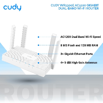Picture of Cudy WR1300E AC1200 Gigabit Dual-Band Wi-Fi Router - 867Mbps at 5GHz and 300Mbps at 2.4GHz - Beamforming - MU-MIMO - White