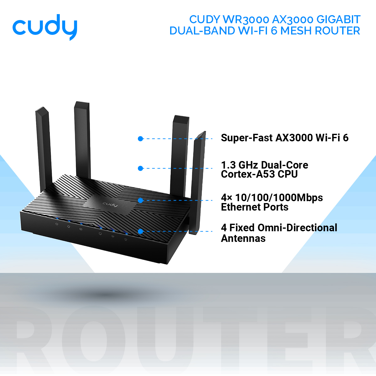 Picture of Cudy WR3000 AX3000 Gigabit Dual-Band Wi-Fi 6 Mesh Router - Black