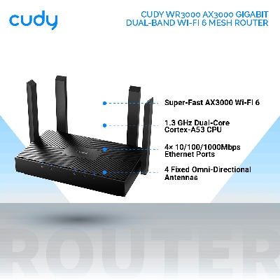 Picture of Cudy WR3000 AX3000 Gigabit Dual-Band Wi-Fi 6 Mesh Router - Black