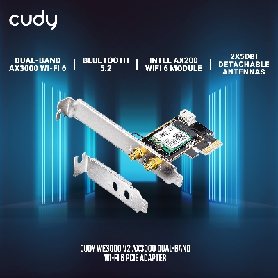 Picture of Cudy WE3000 V2 AX3000 Dual-Band Wi-Fi 6 PCIe Adapter - Dual-Band AX3000 Wi-Fi 6 - Bluetooth 5.2 - Intel AX200 WiFi 6 Module -  Compatible with Windows 10/11 64-bit