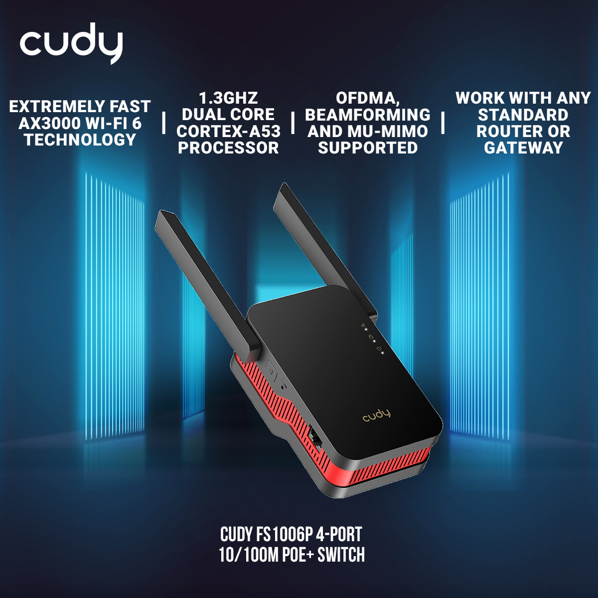 Picture of Cudy RE3000 AX3000 Dual Band Wi-Fi 6 Range Extender - Extremely Fast AX3000 Wi-Fi 6 Technology -  OFDMA, Beamforming and MU-MIMO Supported - Work with any standard router or gateway - Gigabit Ethernet ports to connect wired devices
