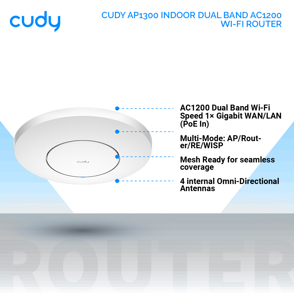 Picture of CUDY AP1300 Indoor Dual Band AC1200 Gigabit Wireless Access Point / Router - AC1200 Dual Band Wi-Fi Speed - 1× Gigabit WAN/LAN (PoE In) - Multi-Mode: AP/Router/RE/WISP - Mesh