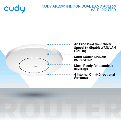 Picture of CUDY AP1300 Indoor Dual Band AC1200 Gigabit Wireless Access Point / Router - AC1200 Dual Band Wi-Fi Speed - 1× Gigabit WAN/LAN (PoE In) - Multi-Mode: AP/Router/RE/WISP - Mesh