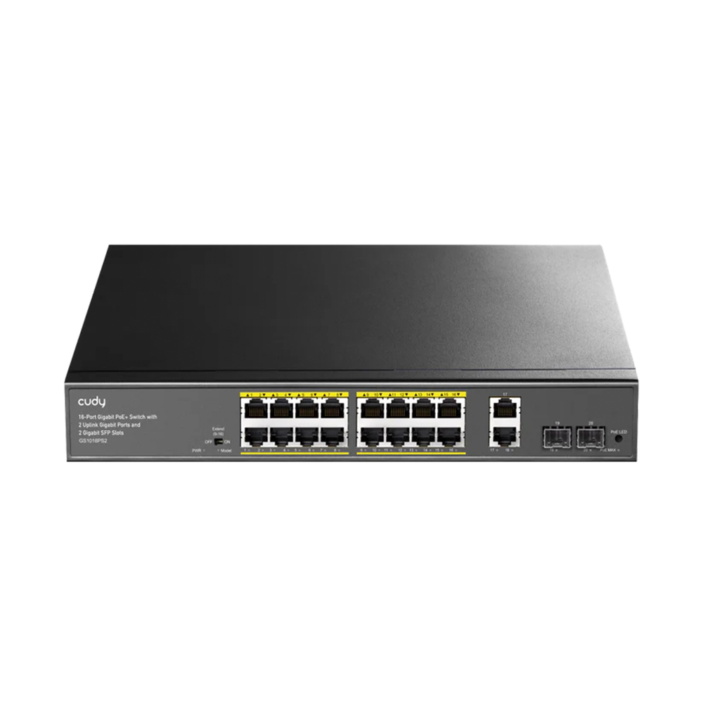 Picture of Cudy GS1018PS2 16-GbE PoE Switch with 2 Uplink GbE and 2 Uplink SFP - 16× GbE with 802.3at/af Mode A PoE - 200W Power Supply - 2× Uplink GbE + 2× Uplink SFP - Watchdog under Extend Mode