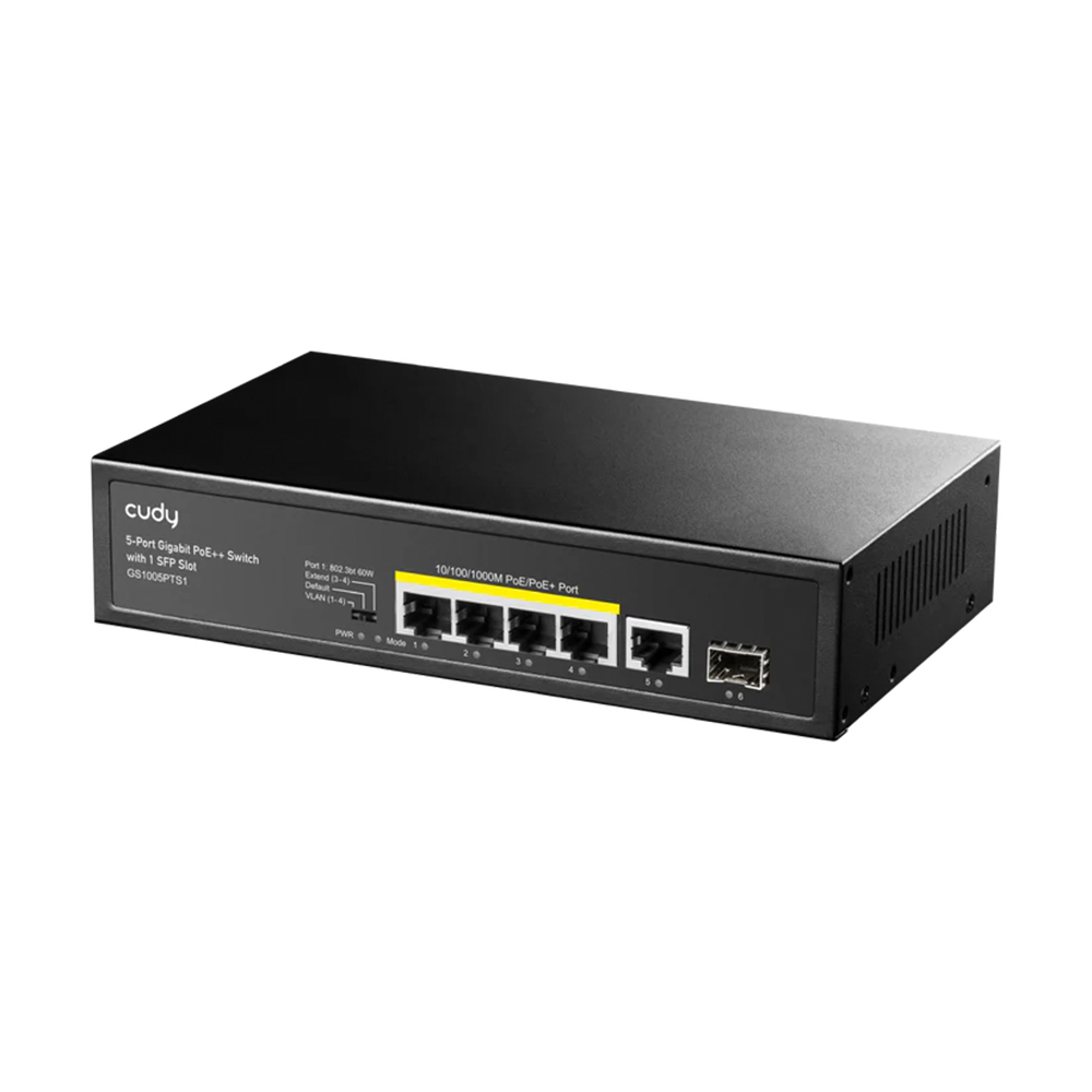 Picture of CUDY GS1005PTS1 - 4-Port Gigabit PoE+ Switch with 1 Gigabit RJ45 & 1 Gigabit SFP Uplink Ports - 120 watts PoE power supply - 4 Gigabit PoE+ ports and 1 Gigabit Ethernet ports+1Gigabit SFP - Extend mode support remote PoE feeding up to 250m