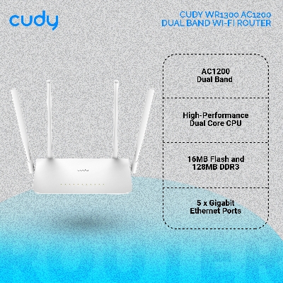 Picture of Cudy WR1300 AC1200 Dual Band Wi-Fi Router - 867Mbps at 5GHz and 300Mbps at 2.4GHz - 5x Gigabit Ethernet Ports - 4 x 5dBi High Gain Antennas - Whole Home Coverage - White
