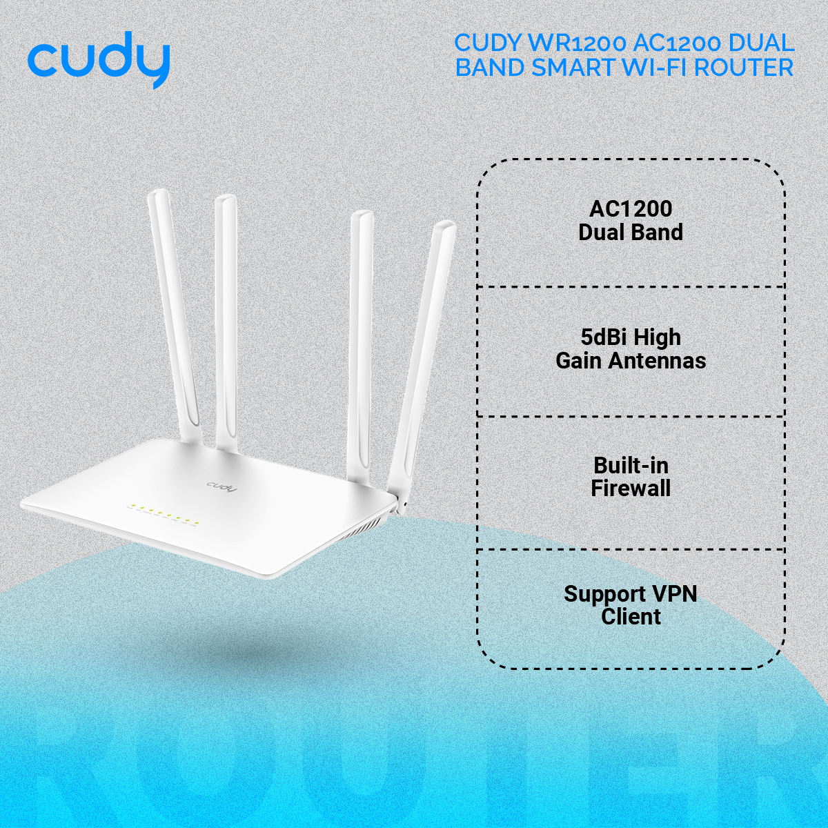 Picture of Cudy WR1200 AC1200 Dual Band Smart Wi-Fi Router - 5dBi High Gain Antennas - 867Mbps at 5GHz and 300Mbps at 2.4GHz - White