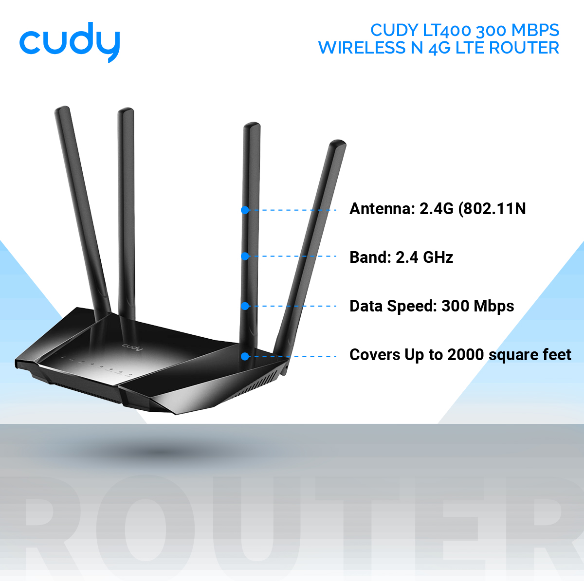 Picture of Cudy LT400 300 Mbps Wireless N 4G LTE Router - Up to 150/50Mbps LTE speed - 4 x High gain antennas - 1x SIM Slot - Black