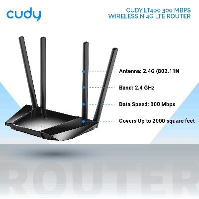 Picture of Cudy LT400 300 Mbps Wireless N 4G LTE Router - Up to 150/50Mbps LTE speed - 4 x High gain antennas - 1x SIM Slot - Black
