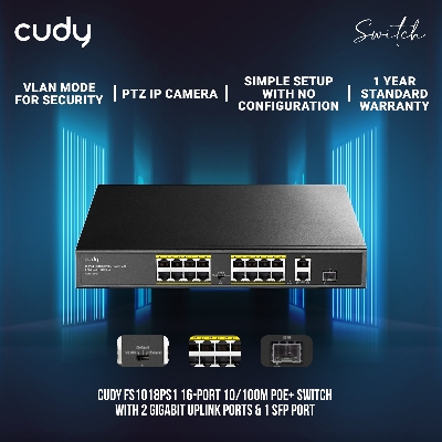 Picture of Cudy FS1018PS1 16-Port 10/100M PoE+ Switch with 2 Gigabit Uplink Ports & 1 SFP Port
