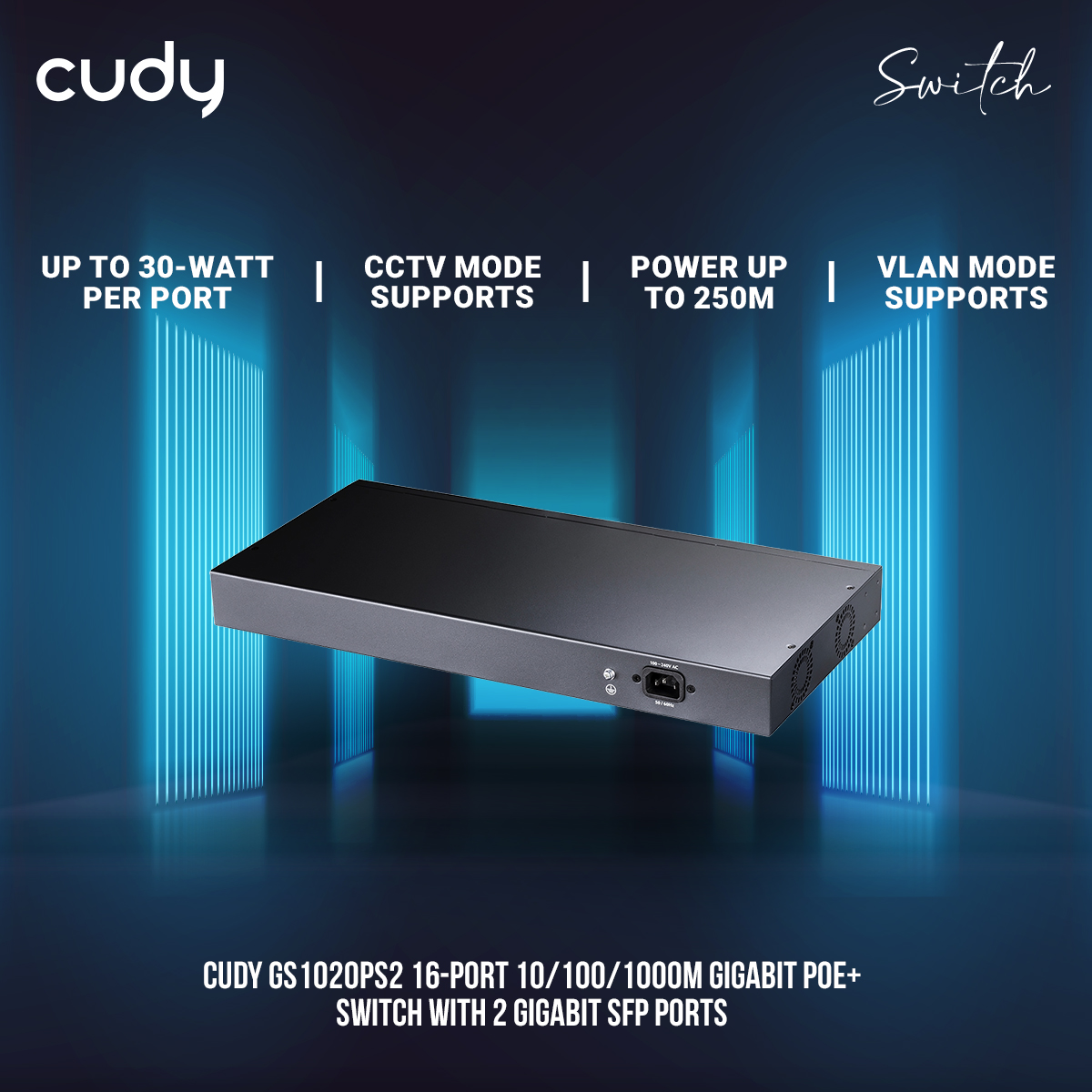 Picture of Cudy GS1020PS2 16-Port 10/100/1000M Gigabit PoE+ Switch with 2 Gigabit SFP Ports