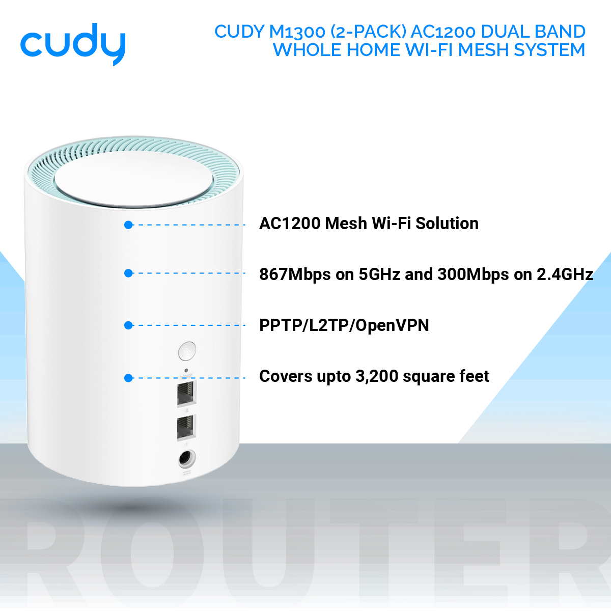 Picture of Cudy M1300 (2-Pack) AC1200 Dual Band Whole Home Wi-Fi Mesh System - 867Mbps on 5GHz and 300Mbps on 2.4GHz - 2 Gigabit Ethernet Ports - White