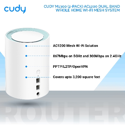 Picture of Cudy M1300 (2-Pack) AC1200 Dual Band Whole Home Wi-Fi Mesh System - 867Mbps on 5GHz and 300Mbps on 2.4GHz - 2 Gigabit Ethernet Ports - White