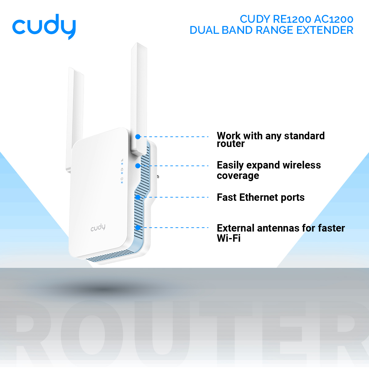 Picture of Cudy RE1200 AC1200 Dual Band Range Extender - 300Mbps at 2.4GHz & 867Mbps at 5GHz - Boost Wi-Fi coverage up to 1400 sq. ft - MU-MIMO - White