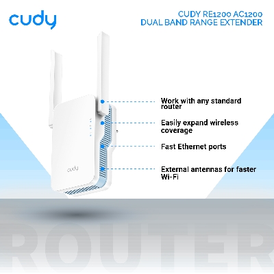 Picture of Cudy RE1200 AC1200 Dual Band Range Extender - 300Mbps at 2.4GHz & 867Mbps at 5GHz - Boost Wi-Fi coverage up to 1400 sq. ft - MU-MIMO - White