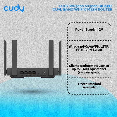 Picture of Cudy WR3000 AX3000 Gigabit Dual-Band Wi-Fi 6 Mesh Router - Black
