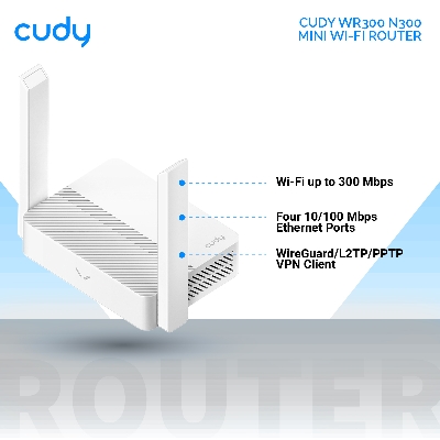 Picture of CUDY WR300 N300 Wi-Fi Router - Wi-Fi up to 300 Mbps - Four 10/100 Mbps Ethernet Ports - Cudy Mesh - Mini Router