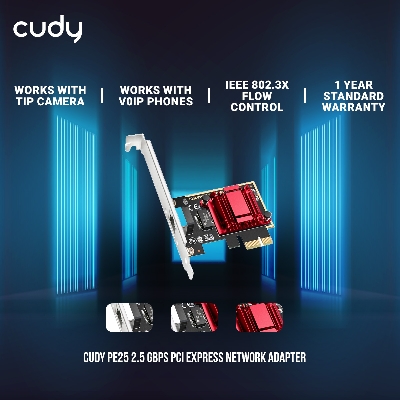 Picture of Cudy PE25 2.5 Gbps PCI Express Network Adapter - 10 Mbps / 100 Mbps / 1 Gbps / 2.5 Gbps Speed - Support Wake-On-LAN and RealWow Technology - Low-Profile and Full-Height Brackets - Windows 7 to 11, Windows Servers 2003 to 2022, and Linux compatible