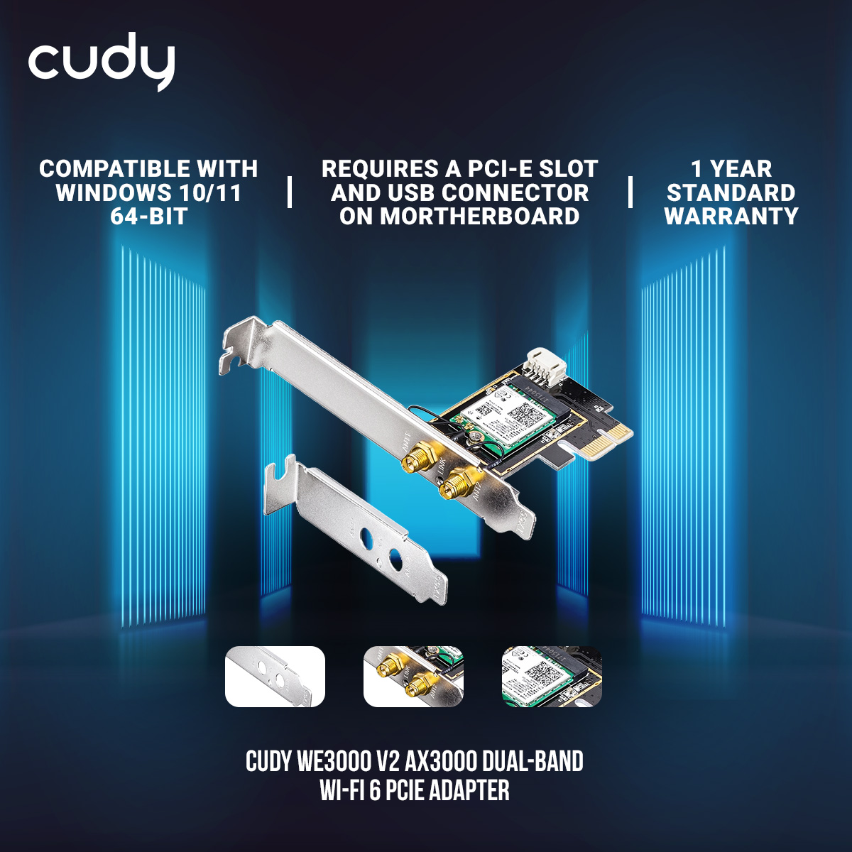 Picture of Cudy WE3000 V2 AX3000 Dual-Band Wi-Fi 6 PCIe Adapter - Dual-Band AX3000 Wi-Fi 6 - Bluetooth 5.2 - Intel AX200 WiFi 6 Module -  Compatible with Windows 10/11 64-bit