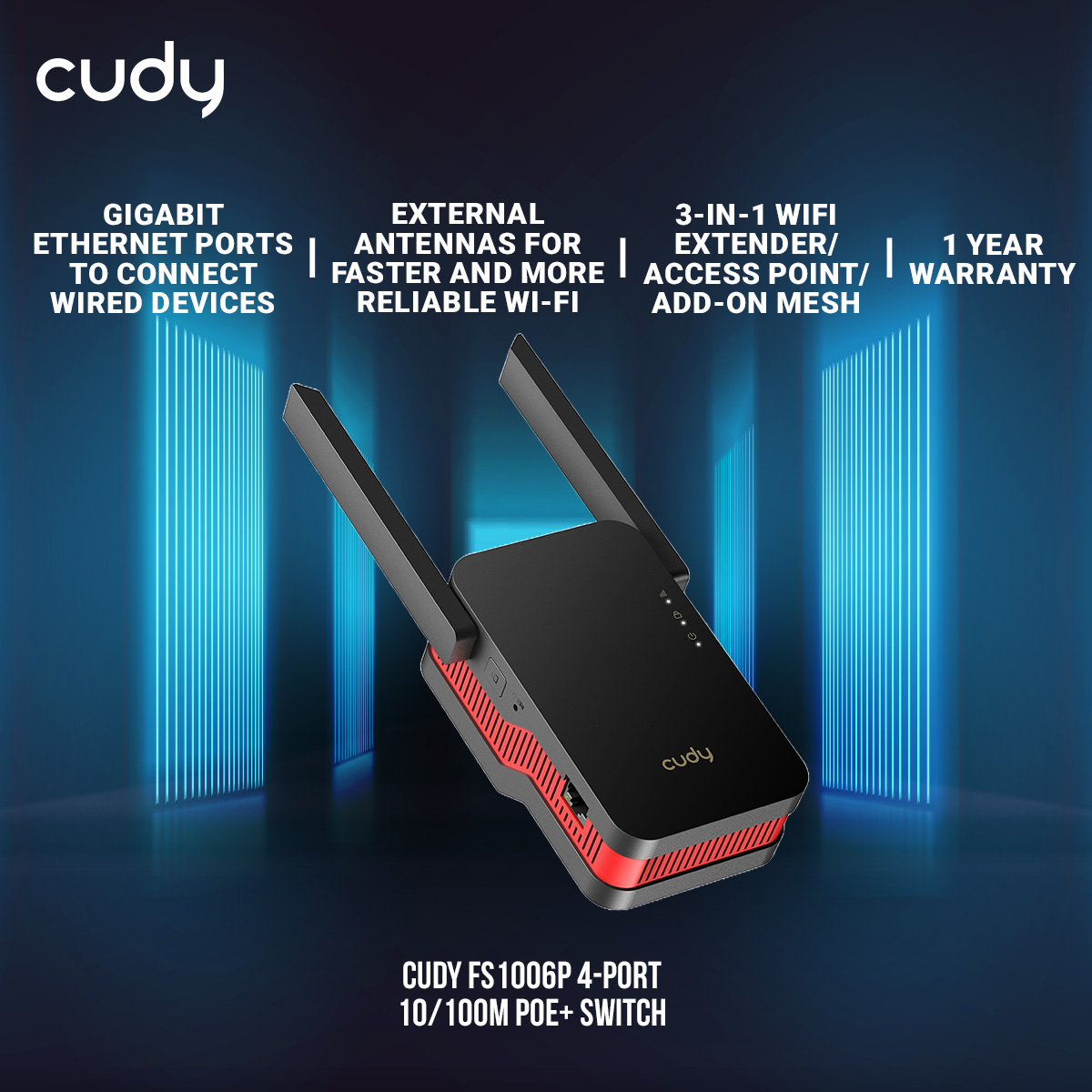Picture of Cudy RE3000 AX3000 Dual Band Wi-Fi 6 Range Extender - Extremely Fast AX3000 Wi-Fi 6 Technology -  OFDMA, Beamforming and MU-MIMO Supported - Work with any standard router or gateway - Gigabit Ethernet ports to connect wired devices