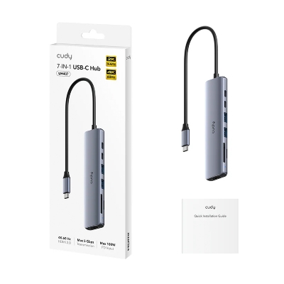 Picture of CUDY UH407 7-In-1 HDMI SD/TF 4K USB-C Hub - HDMI 2.0, Upstream PD USB-C Male, USB-A 3.2 Gen 1 (5 Gbps),  USB-C 3.2 Gen 1 (5 Gbps) , TF Slot,  SDXC Slot,  USB-C Receiving 100W PD - PC / Mac / iPad / iPhone / Android / Nintendo