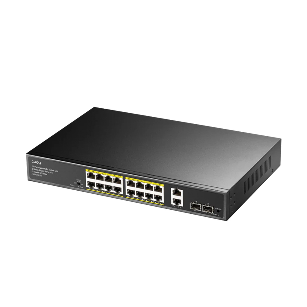 Picture of Cudy GS1018PS2 16-GbE PoE Switch with 2 Uplink GbE and 2 Uplink SFP - 16× GbE with 802.3at/af Mode A PoE - 200W Power Supply - 2× Uplink GbE + 2× Uplink SFP - Watchdog under Extend Mode