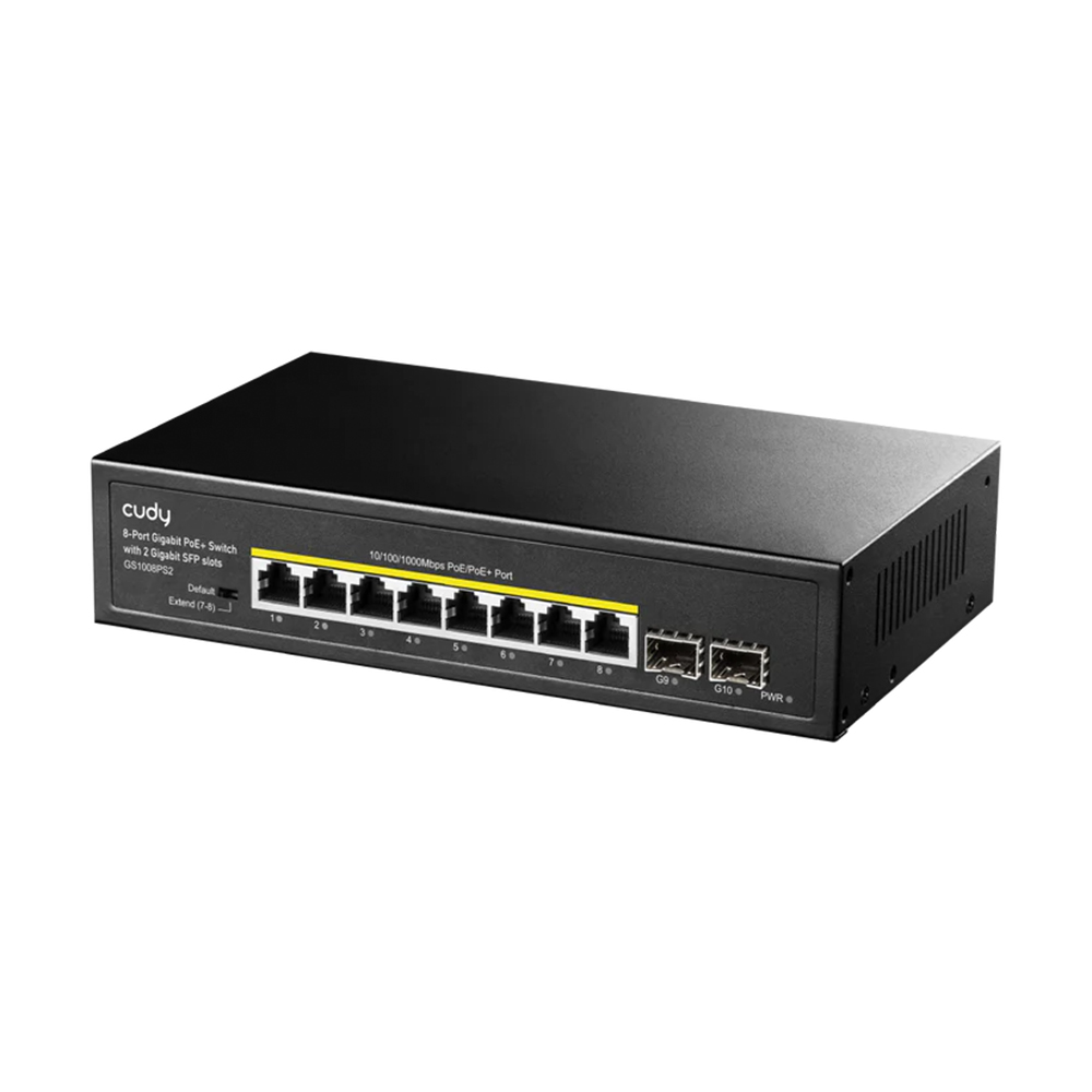 Picture of CUDY GS1008PS2 - 8-Port Gigabit PoE+ Switch with 2 Gigabit SFP Slots - 8× GbE with 802.3at/af Mode A PoE - Extend for 250 Meters Transmission - 120W Power Supply - Watchdog under Extend Mode