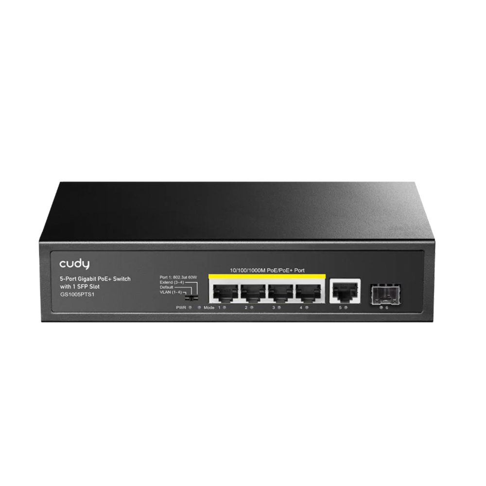 Picture of CUDY GS1005PTS1 - 4-Port Gigabit PoE+ Switch with 1 Gigabit RJ45 & 1 Gigabit SFP Uplink Ports - 120 watts PoE power supply - 4 Gigabit PoE+ ports and 1 Gigabit Ethernet ports+1Gigabit SFP - Extend mode support remote PoE feeding up to 250m