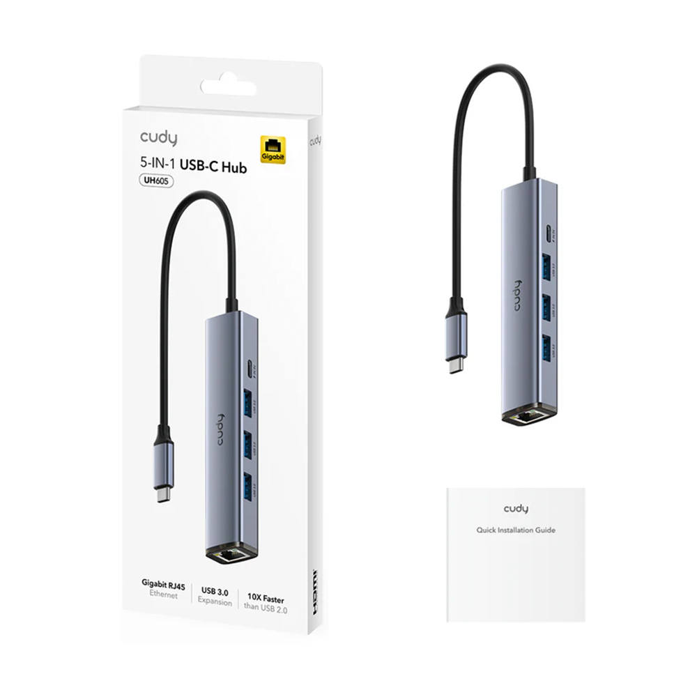 Picture of CUDY UH605 5-In-1 USB-C Hub with Gigabit Ethernet Port -  1× Upstream USB-A Male (5 Gbps) - 3× USB-A 3.2 Gen 1 (5 Gbps) - 1× Gigabit Ethernet RJ45 Port - 1× USB-C Port Receiving 5V2A DC - Plug-and-Play on Windows, Mac, Linux