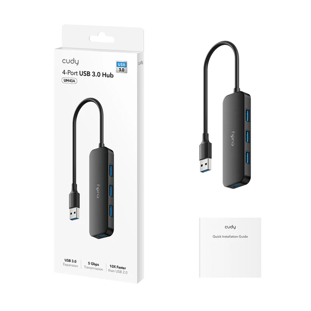 Picture of CUDY UH40A 4-Port USB 3.0 Hub - 1× Upstream USB-A Male (5 Gbps) - 4× USB-A 3.2 Gen 1 (5 Gbps) - Universal Compatibility - 34 g (1.2 oz.)