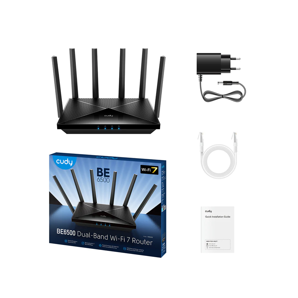 Picture of CUDY WR6500 BE6500 Dual-Band Gigabit Wi-Fi 7 Router - Broadcom 2 GHz Quad-Core CPU - 6-Stream Dual-Band Wi-Fi 7 (5760 Mbps + 688 Mbps) - 5× Gigabit Ethernet Ports - Covers Up to 140 m² (1,500 ft²), 200 Connected Devices -Cudy App, Cloud Control, Cudy Mesh