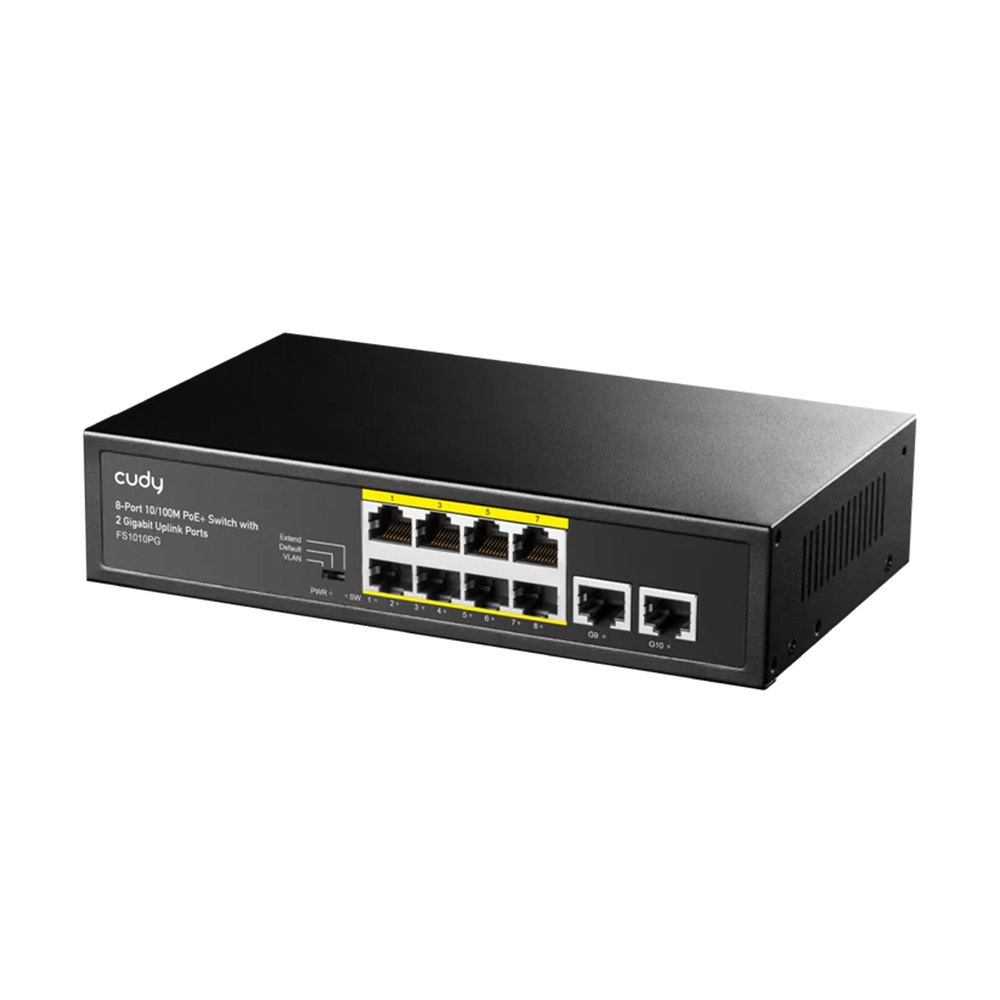 Picture of Cudy FS1010PG 8-FE PoE Switch with 2 Uplink GbE - 8× FE with 802.at/af Mode A PoE - 2× Uplink GbE - 120W Power Supply - Default/VLAN/Extend Modes - Watchdog under VLAN or Extend Modes