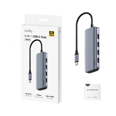 Picture of CUDY UH500 6-In-1 HDMI 4K USB-C Hub - HDMI 1.4, Upstream PD USB-C Male (5 Gbps), USB-A 3.2 Gen 1 (5 Gbps), USB-C Receiving 100W PD, PC / Mac / iPad / iPhone / Android / Nintendo - 6-In-1 HDMI 4K USB-C Hub