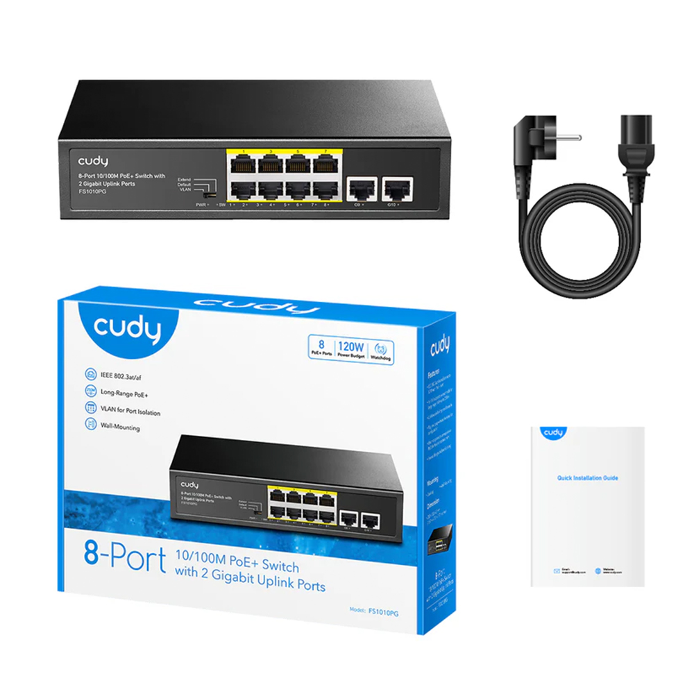 Picture of Cudy FS1010PG 8-FE PoE Switch with 2 Uplink GbE - 8× FE with 802.at/af Mode A PoE - 2× Uplink GbE - 120W Power Supply - Default/VLAN/Extend Modes - Watchdog under VLAN or Extend Modes