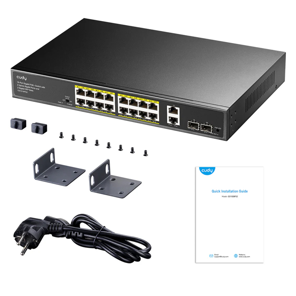 Picture of Cudy GS1018PS2 16-GbE PoE Switch with 2 Uplink GbE and 2 Uplink SFP - 16× GbE with 802.3at/af Mode A PoE - 200W Power Supply - 2× Uplink GbE + 2× Uplink SFP - Watchdog under Extend Mode