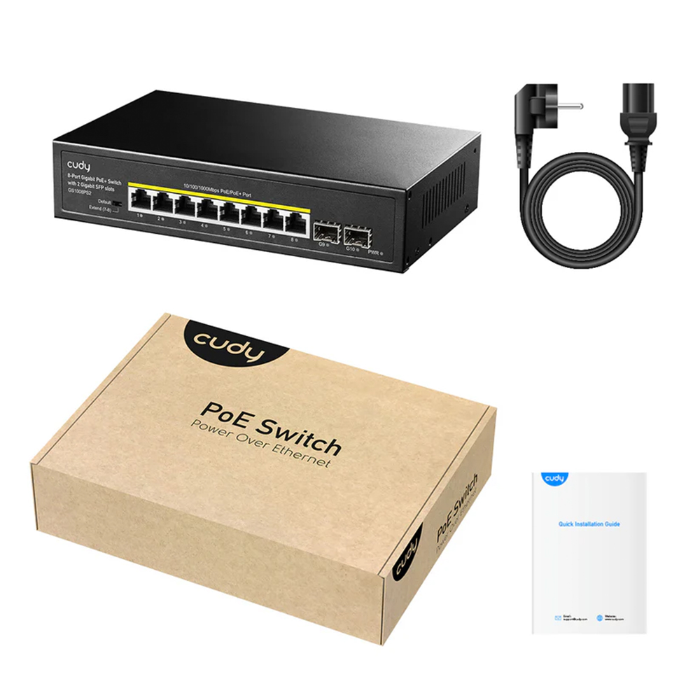Picture of CUDY GS1008PS2 - 8-Port Gigabit PoE+ Switch with 2 Gigabit SFP Slots - 8× GbE with 802.3at/af Mode A PoE - Extend for 250 Meters Transmission - 120W Power Supply - Watchdog under Extend Mode