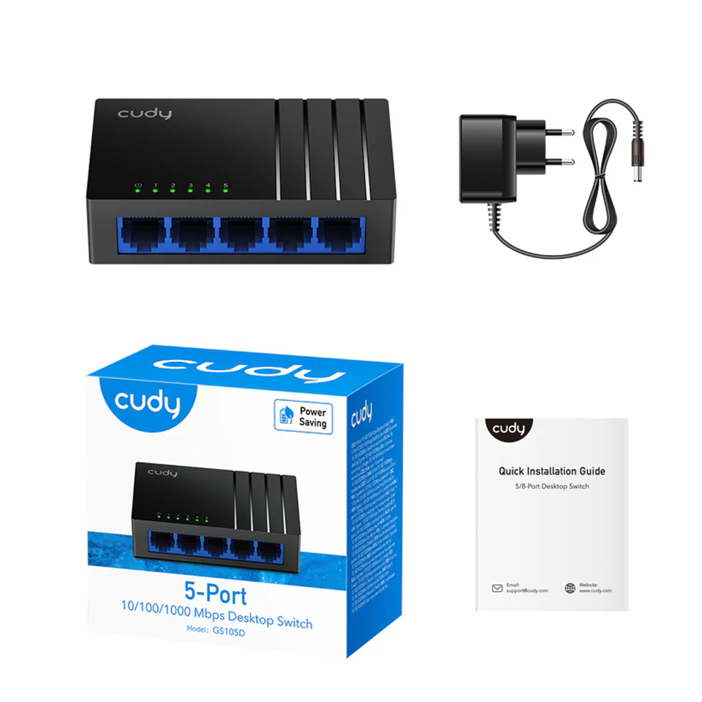 Picture of CUDY GS105D - 5-Port 10/100/1000Mbps Gigabit Desktop Switch - 5× 10/100/1000 Mbps Ports, Auto-Negotiation, Auto-MDI/MDIX - Max 140 m transmission distance with Cat 5e or higher standard cables - Power saving strategy
