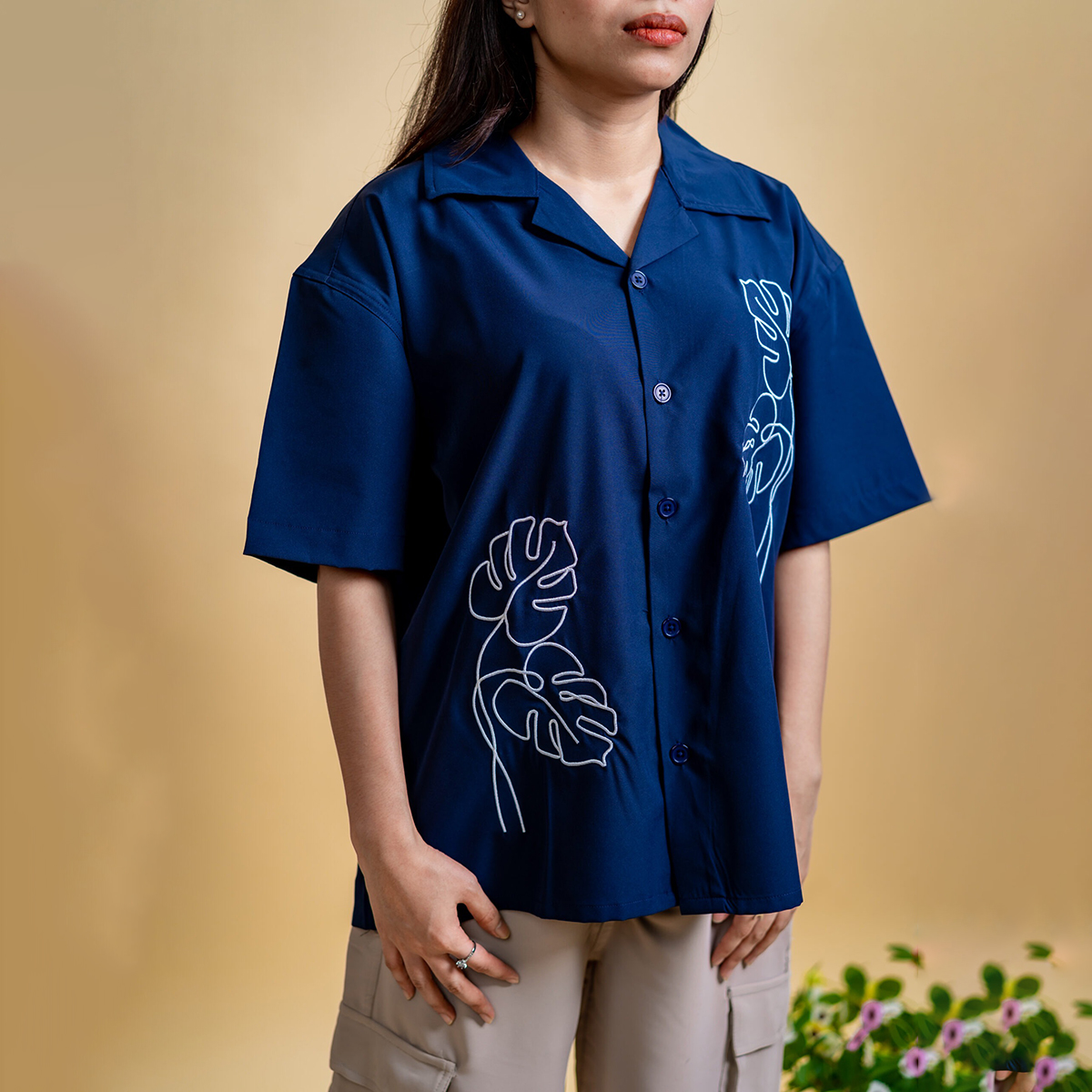 Picture of Mad Koffee Women’s Embroidery Cuban Shirts — Midnight Navy