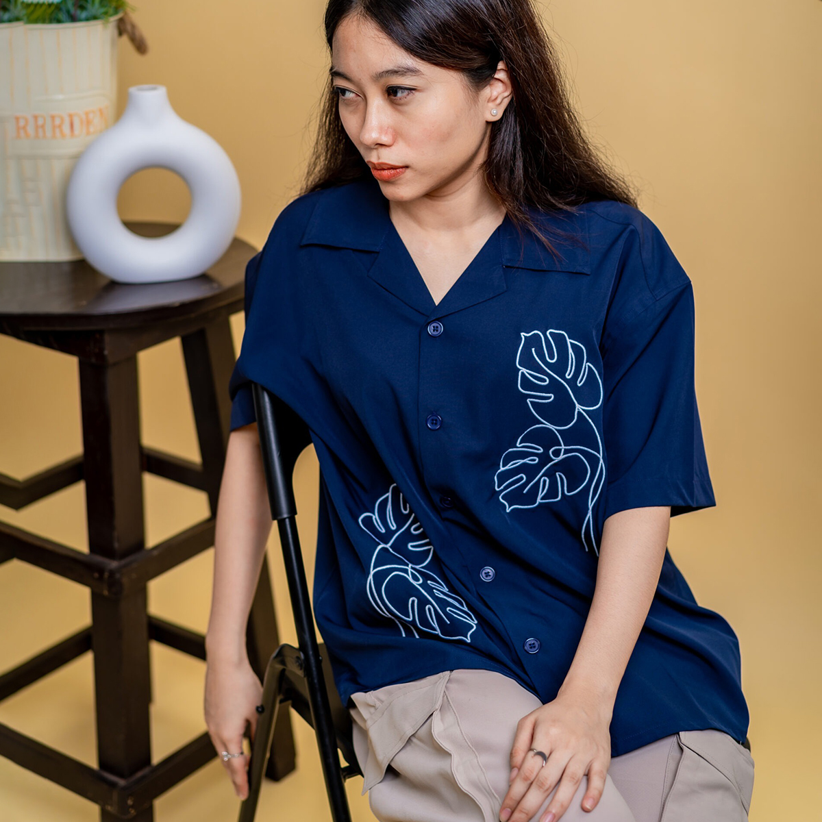 Picture of Mad Koffee Women’s Embroidery Cuban Shirts — Midnight Navy