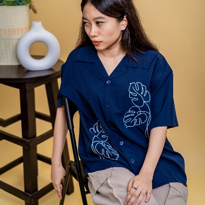 Picture of Mad Koffee Women’s Embroidery Cuban Shirts — Midnight Navy