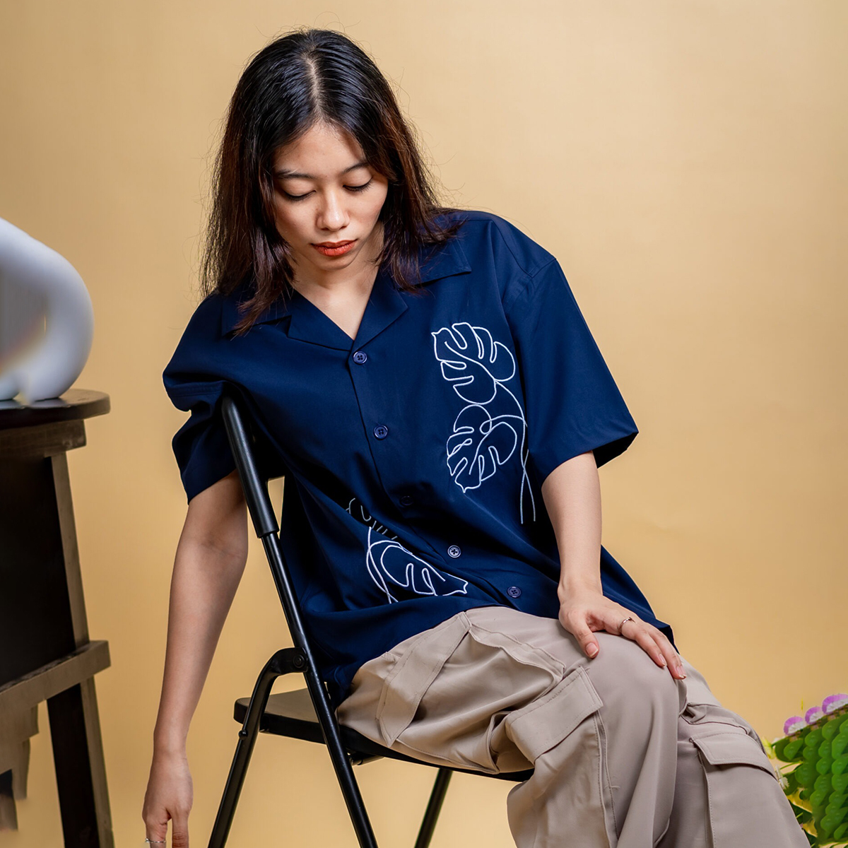 Picture of Mad Koffee Women’s Embroidery Cuban Shirts — Midnight Navy