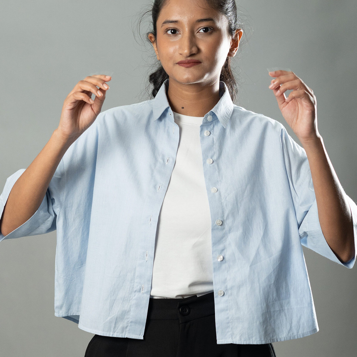 Picture of Mad Koffee Cropped Oversized Shirts — Baby Blue Stripe