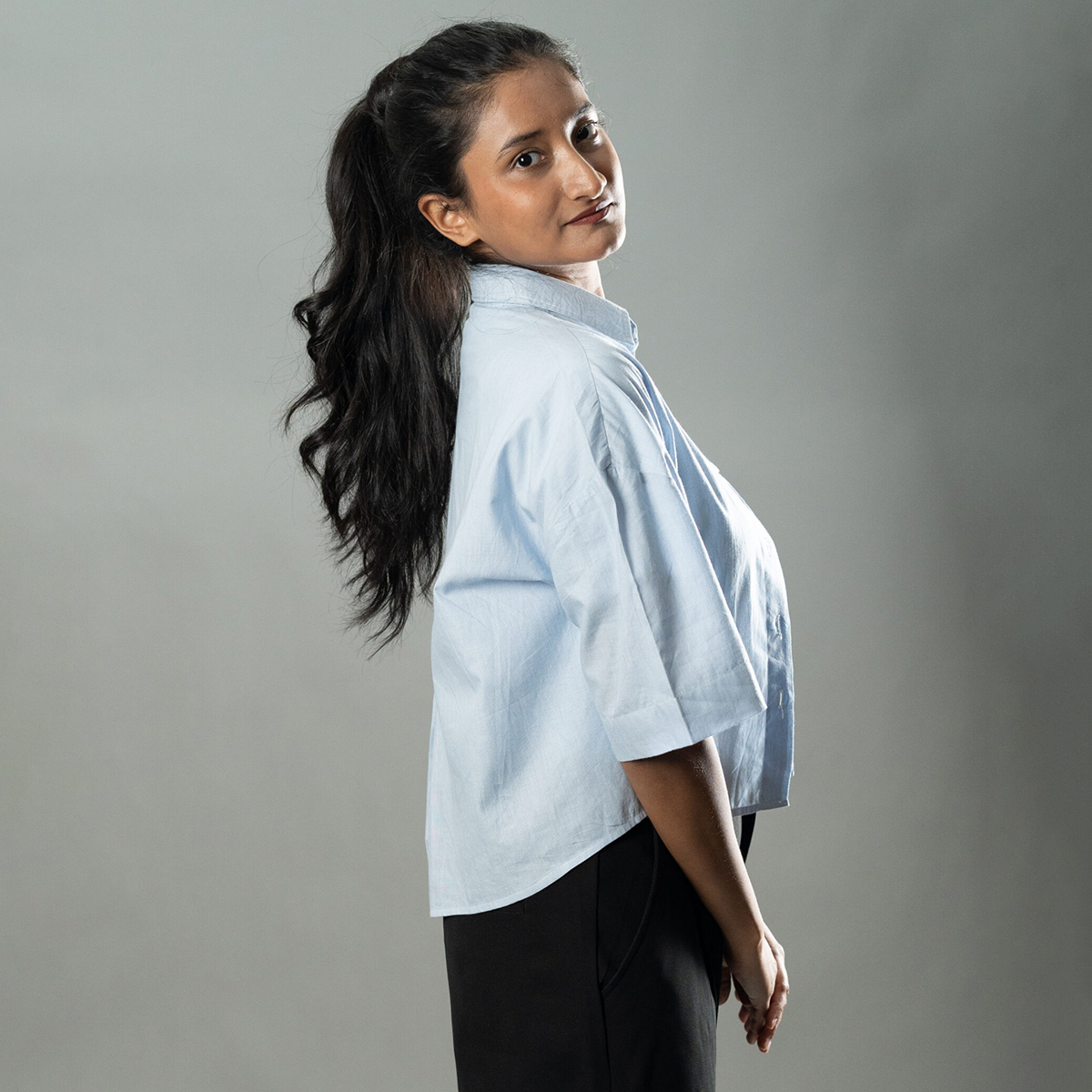 Picture of Mad Koffee Cropped Oversized Shirts — Baby Blue Stripe