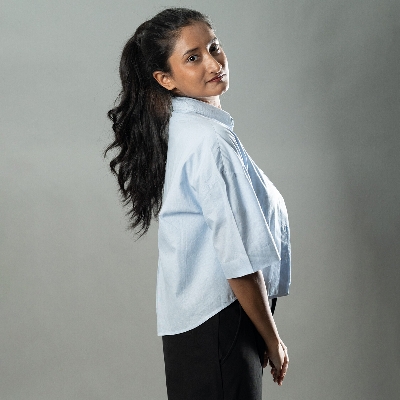 Picture of Mad Koffee Cropped Oversized Shirts — Baby Blue Stripe