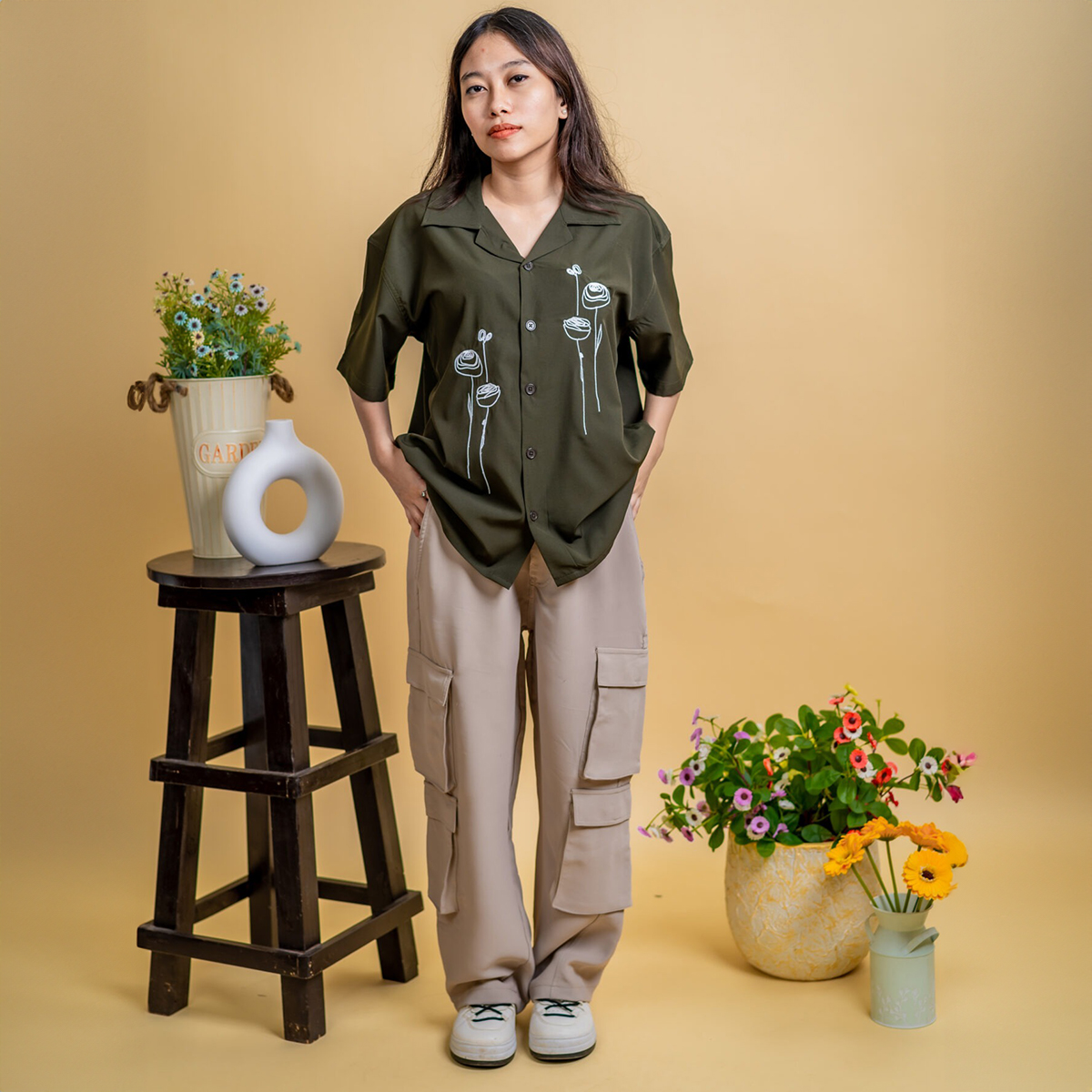 Picture of Mad Koffee Women’s Embroidery Cuban Shirts — Olive