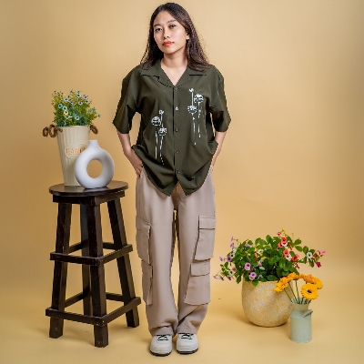 Picture of Mad Koffee Women’s Embroidery Cuban Shirts — Olive