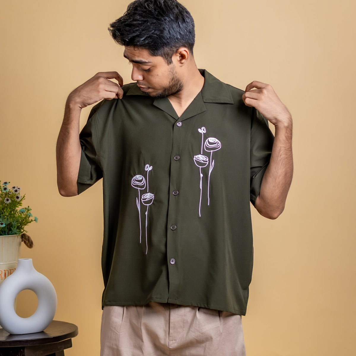 Picture of Mad Koffee Men’s Embroidery Cuban Shirts — Olive